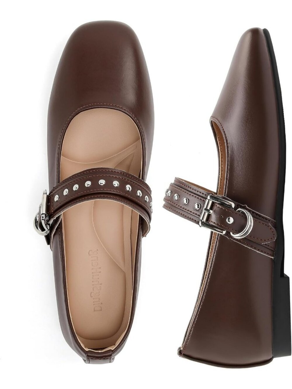 Women's Cofffee Mary Jane Flats Square Toe Ballet Flats Adjustable Buckle Shoes
